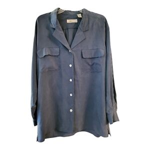Vintage Collection Point of View Women's Steel Blue 100% Silk Blouse - Size L